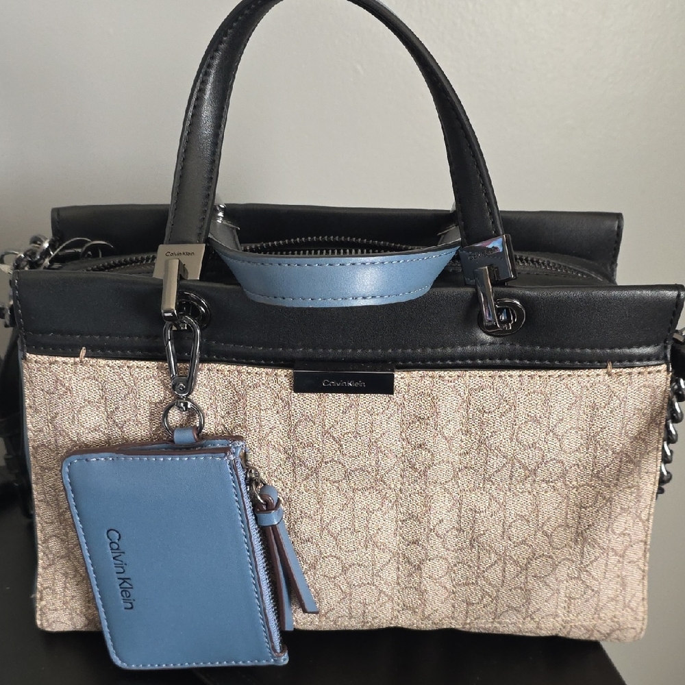 Calvin Klein Black and Beige Satchel with Blue Details
